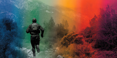 A dynamic runner traverses a vibrant landscape filled with a colorful gradient, emphasizing themes...
