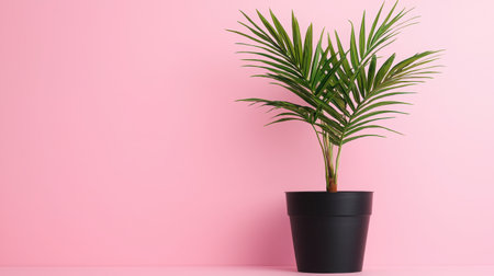 A vibrant green plant in a black pot rests against a soft pink wall, creating a stunning visual contrast perfect for home decor inspiration.の素材
