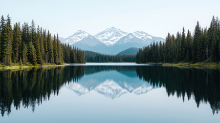 Experience the breathtaking beauty of tranquil waters reflecting majestic mountains and lush forests, creating a serene atmosphere in nature.の素材