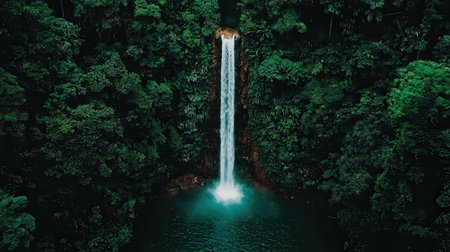Experience the serene beauty of a majestic waterfall cascading into a tranquil pool, surrounded by lush greenery and vibrant vegetation, inviting exploration.の素材
