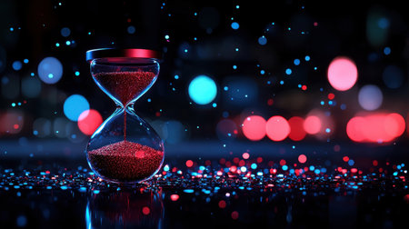 A stunning hourglass filled with vibrant sand, set against a dreamy bokeh background. This image captures the essence of time, elegance, and creativity.の素材