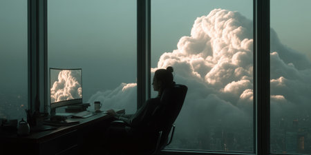 A professional individual sits in a modern office, gazing at a breathtaking cloud view out of large glass windows, evoking tranquility and inspiration.の素材