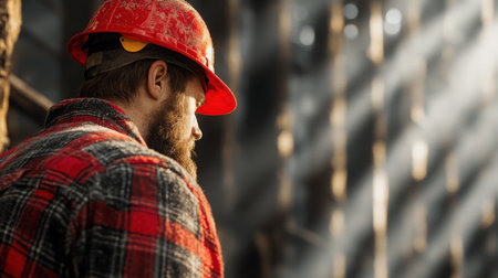 A construction worker wearing a hard hat and plaid shirt stands in profile, surrounded by beams of sunlight illuminating the worksite environment.の素材