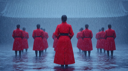 A striking scene featuring multiple figures in red coats standing in a rain-soaked landscape, creating an atmosphere full of mystery and emotion.の素材