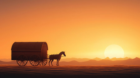 A beautiful silhouette of a horse-drawn wagon against a vibrant sunset backdrop. This serene landscape captures tranquility and adventure, perfect for travel enthusiasts.の素材