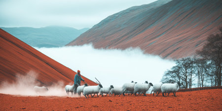 A lone shepherd guides a flock of sheep through a fog-laden landscape, showcasing the beauty of rural life amid stunning earth-toned hills.の素材