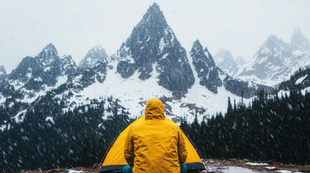 A lone adventurer in a yellow jacket sits near a tent, surrounded by stunning snowy mountains. The scene captures the beauty of winter wilderness and evokes a sense of calm and adventure.の素材