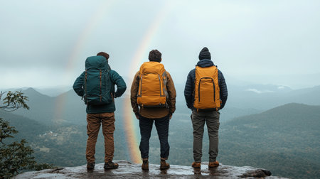 Three hikers stand on a mountain cliff, gazing at a stunning rainbow under a cloudy sky. This adventurous scene captures the spirit of outdoor exploration and camaraderie.の素材