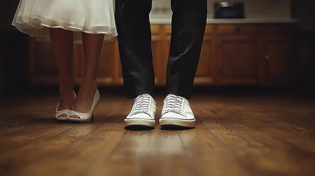 A close-up view of a bride's elegant heels alongside a groom's casual sneakers on a wooden floor, capturing the contrast in wedding footwear and the spirit of love.の素材