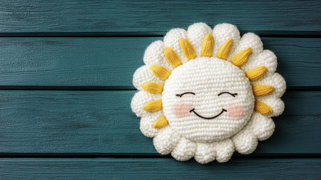 This delightful crocheted sun decoration features a smiling face and vibrant yellow rays, perfect for brightening any space with a joyful touch.の素材