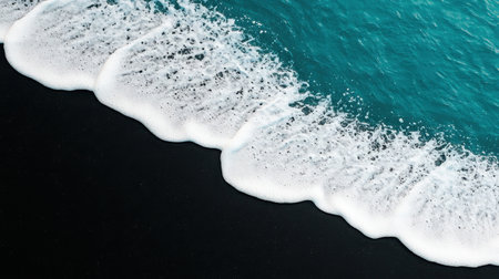 This image captures beautiful turquoise ocean waves gently lapping against a dark sandy beach, showcasing a peaceful natural landscape ideal for relaxation and escape.の素材