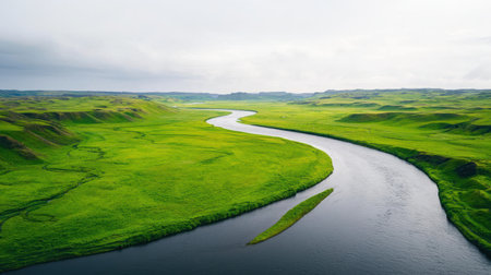 This stunning aerial photograph captures a gentle river meandering through a lush green landscape, evoking tranquility and the beauty of nature.の素材