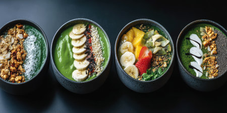 This image showcases a selection of colorful smoothie bowls topped with fresh fruits and healthy ingredients, perfect for breakfast or a nutritious snack.の素材