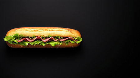 A vibrant submarine sandwich featuring fresh lettuce and sliced meat, set against a sleek black background. Perfect for culinary projects or food marketing.の素材