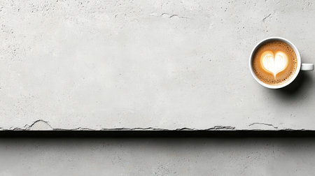 A cozy scene featuring a coffee cup with heart latte art against a minimalist concrete background, perfect for conveying warmth and comfort.の素材