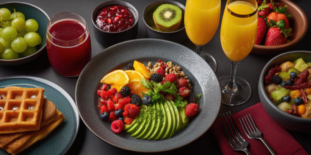 A beautifully arranged brunch spread showcasing a vibrant mix of fresh fruits, juices, and waffles, perfect for a health-conscious meal.の素材