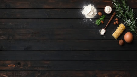 A collection of cooking ingredients arranged on a dark wooden table. Flour, eggs, herbs, and nuts create a rustic and inviting scene for culinary activities.の素材