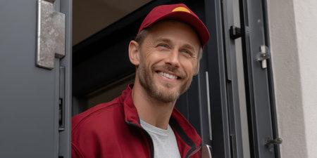 A cheerful delivery person stands at an open door, showcasing a warm smile and friendly demeanor, ready to assist customers in a positive interaction.の素材
