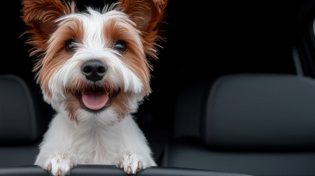 A cheerful small dog with fluffy fur peeks out of a car window, showcasing joy and excitement during a sunny ride. Perfect for pet enthusiasts!の素材