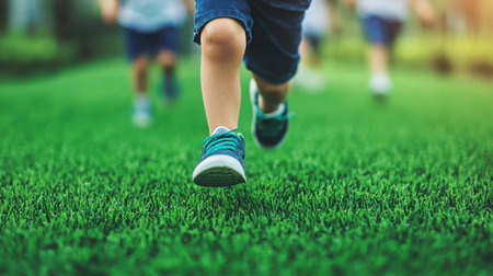 A joyful child runs across lush green grass in a sunny park, showcasing the spirit of outdoor play and friendship. Ideal for themes of youth and activity.の素材