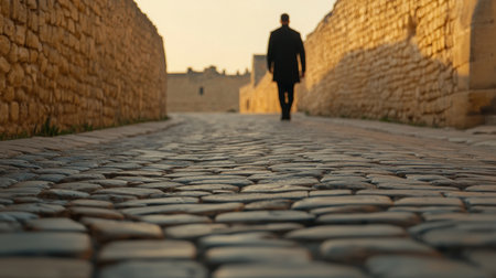 A solitary figure walks down a historic cobblestone street at sunset, casting a long silhouette against warm stone walls, evoking a sense of peace and exploration.の素材