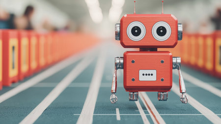 A charming vintage robot toy strides along a vibrant racetrack, creating a lively and imaginative atmosphere. Perfect for themes of childhood, creativity, and play.の素材