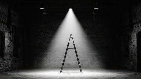 A solitary ladder stands under a focused spotlight in a vast, empty room, creating a play of light and shadow, evoking feelings of isolation and intrigue.の素材