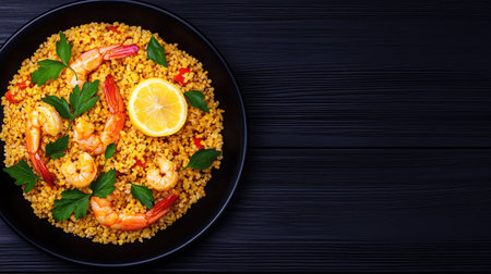 This vibrant shrimp dish features juicy shrimp garnished with fresh herbs and lemon, served in a stylish plate that enhances its appeal.の素材