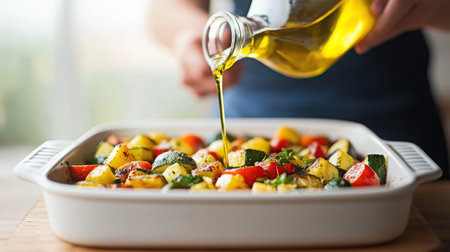 A close-up of a chef pouring olive oil over a colorful vegetable dish, showcasing healthy cooking techniques and fresh ingredients, perfect for culinary enthusiasts.の素材