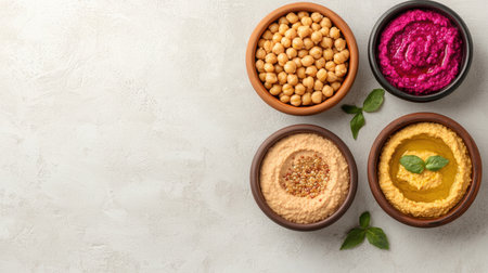 A vibrant display of hummus in different flavors, accompanied by chickpeas, perfect for creating a healthy and appetizing meal setting.の素材