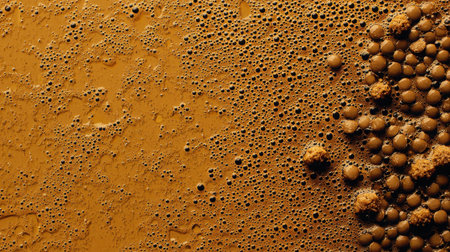 This image showcases a rich coffee foam with an intricate texture of bubbles on a surface background, evoking warmth and indulgence. Perfect for culinary visuals.の素材