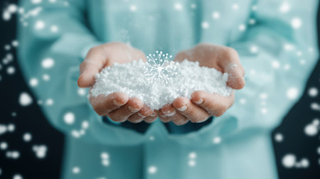 Close-up of a pair of hands gently offering soft snowflakes against a dreamy background, evoking feelings of joy and tranquility in a winter wonderland.の素材