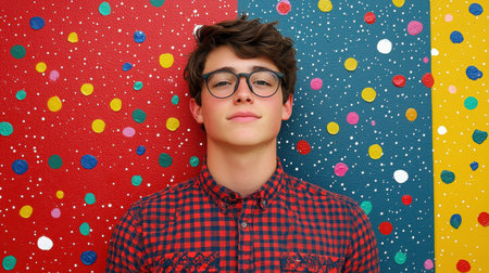 A stylish young man with glasses stands confidently in front of a vibrant, dotted background, exuding a playful and artistic vibe in an urban setting.の素材
