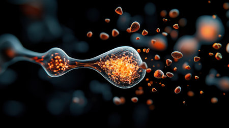 This captivating digital illustration showcases an abstract molecular structure with vibrant particles. The glowing effect adds depth and intrigue, making it ideal for science and technology themes.の素材