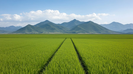 A vibrant green rice field stretches towards the horizon beneath a bright sky, framed by majestic mountains, capturing the essence of rural tranquility and natural beauty.の素材