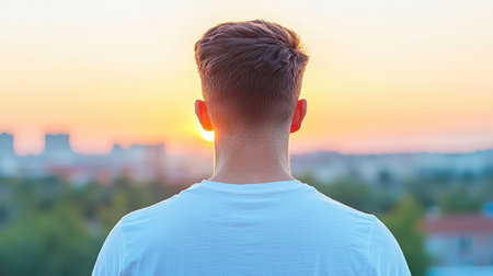 A person stands at sunset, gazing at the breathtaking view of a city skyline. The warm colors of the sky create a serene atmosphere, evoking feelings of peace and inspiration.の素材