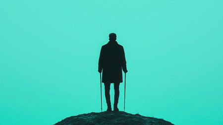A striking silhouette of a person standing confidently on a rock, set against a vibrant turquoise background. This image encapsulates themes of solitude and exploration.の素材