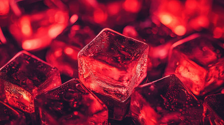 Close-up view of vibrant red ice cubes on a dark surface. The cubes reflect light, showcasing their glossy texture and creating a stunning visual effect. Perfect for beverage presentations.の素材