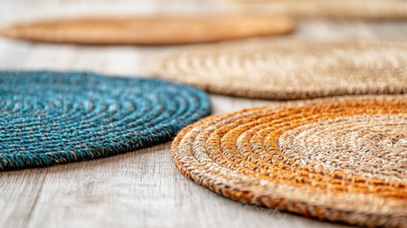Colorful round jute placemats are arranged on a rustic wooden table, creating a warm and inviting setting. Perfect for dining or kitchen decor.の素材