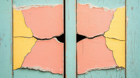 This image showcases a textured wall with vibrant pink, yellow, and blue sections exhibiting substantial cracks, creating a visually striking and artistic display.の素材