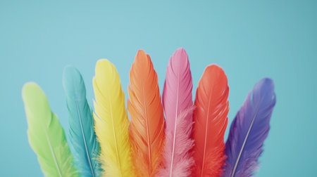 A collection of colorful feathers arranged in a row against a bright blue background. The vibrant hues create a cheerful and artistic vibe, ideal for creative projects.の素材