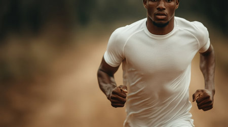 An athlete demonstrates impressive speed while sprinting on a gravel trail surrounded by nature. This image embodies the spirit of determination and fitness.の素材