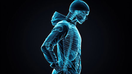 A captivating depiction of a human skeleton illuminated in blue light, showcasing anatomical details while wearing a sporty outfit, emphasizing fitness and health themes.の素材