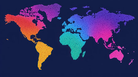 This vibrant hexagonal world map showcases bright colors against a dark background, perfect for creative projects, educational purposes, or visual communication.の素材