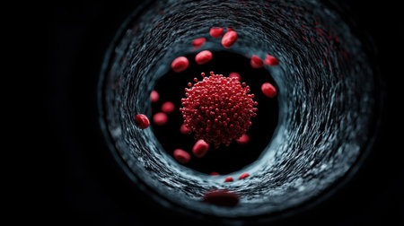 This digital illustration captures a detailed view of a virus surrounded by red blood cells within a human blood vessel, showcasing the intricate healthcare dynamics at play.の素材
