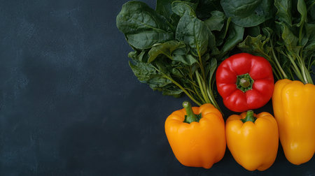 Vibrant arrangement of fresh red and yellow peppers beside lush spinach leaves on a dark background. Perfect for cooking, nutrition, and healthy meal displays.の素材
