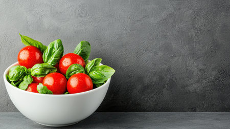 A vibrant arrangement of fresh red tomatoes topped with green basil leaves in a white bowl on a textured gray background, ideal for food-related content.の素材