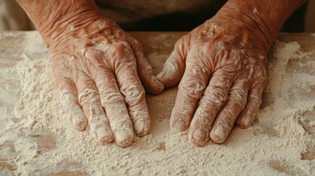 A close-up view of elderly hands working with dough on a flour-dusted wooden surface, capturing the essence of traditional baking and craftsmanship.の素材