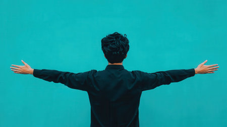 A man stands with arms wide open against a vibrant blue wall, symbolizing freedom and self-expression. Ideal for creative and lifestyle themes.の素材