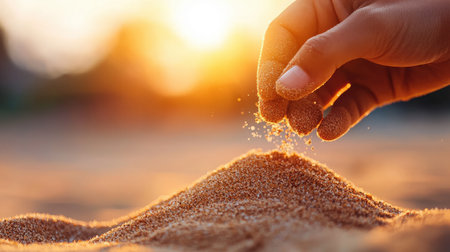 A close-up image capturing a hand gently pouring sand against a stunning sunset backdrop, evoking feelings of peace and tranquility during a summer evening.の素材